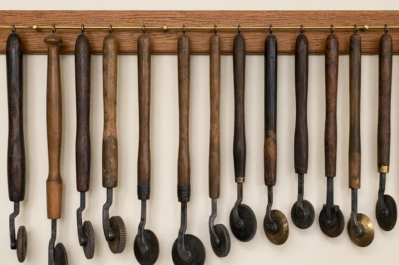 Wall of hand finishing tools and brass rolls used for bookbinding