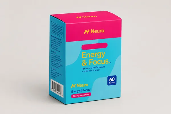 Neuro supplement carton with UV-coated printed finish