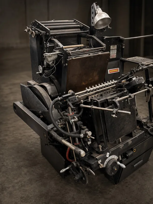 Vintage letterpress printing press in operation